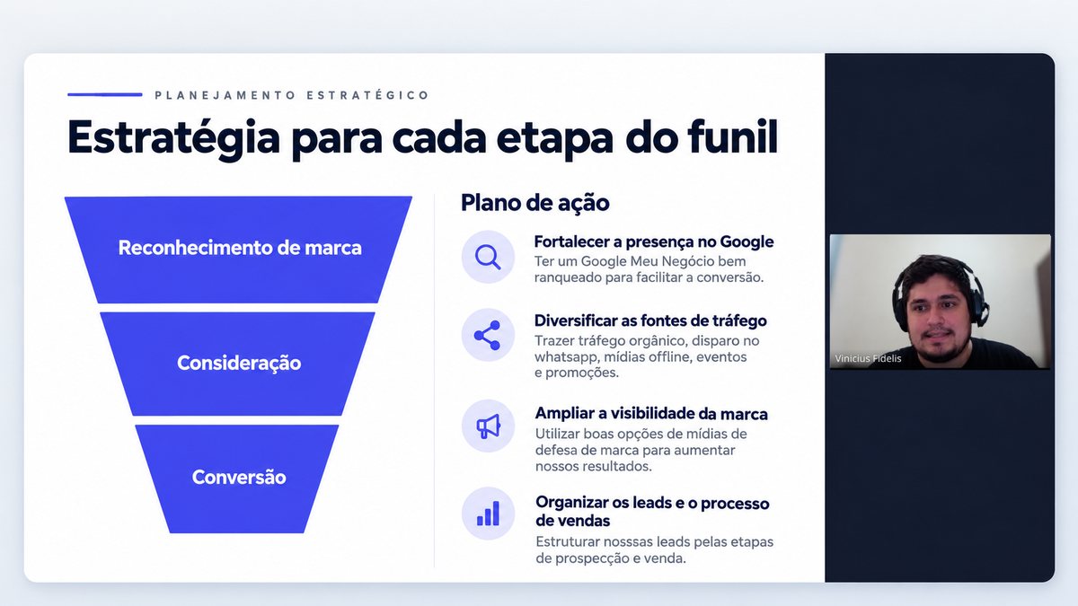Vinicius apresentando um planejamento estratégico numa chamada de vídeo