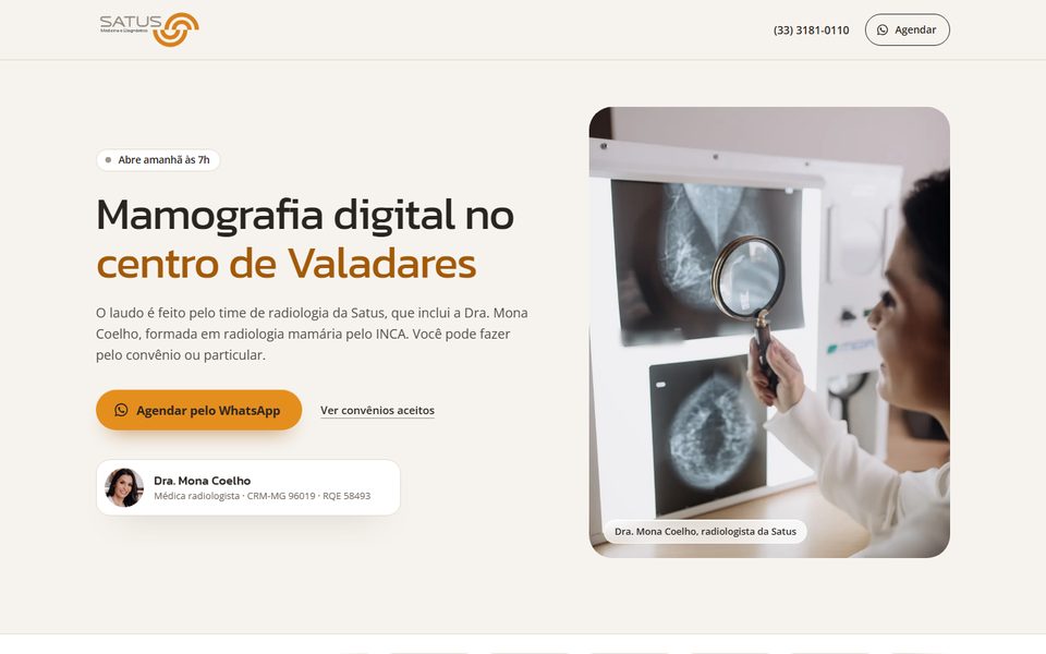 Landing page de mamografia da Clínica Satus